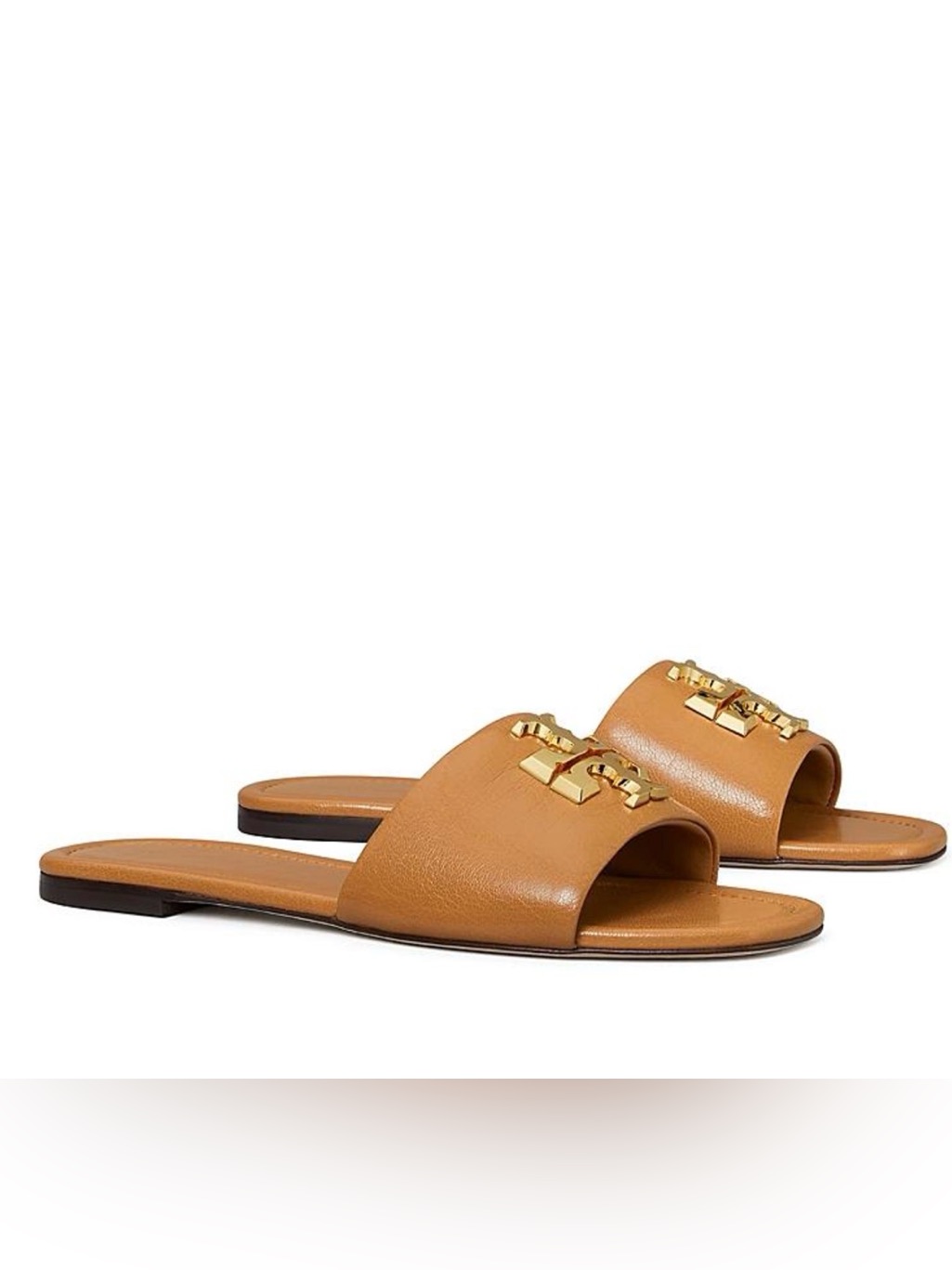 Tory Burch Cognac Leather Slide Sandals With Gold Logo Hardware
